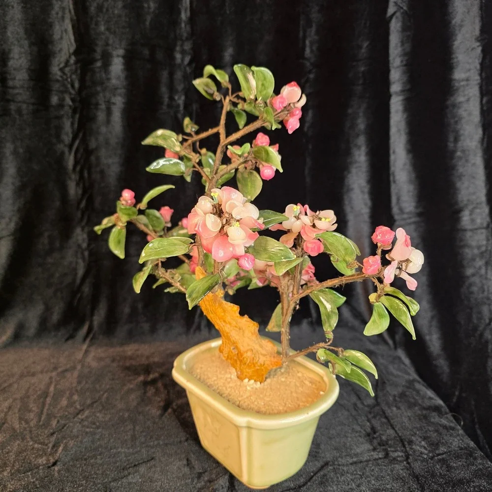 VTG Chinese Peking Glass Bonsai Tree Pink Cherry Blossom Celadon Crane 13